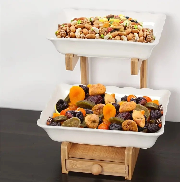 Kitchen 2 Tier Bamboo Fruit Drain Stand Snack Nuts Dessert Cake Organizer Ceramic Fruit Bowl Basket Food and Vegetables Holder