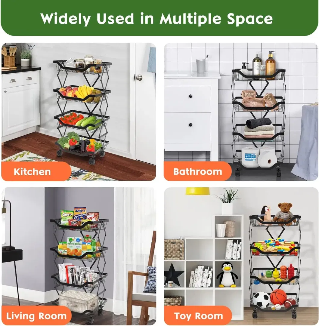 4 Tier Collapsible Metal Wire Storage Pantry Baskets with Wheels Kitchen Storage Rolling Utility Cart Fruit Basket