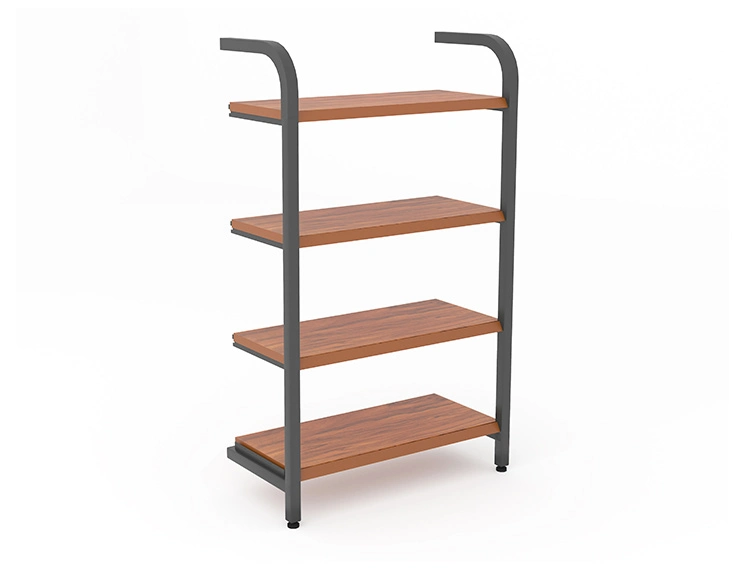 Supermarket Shelf Four-Column Wood Grain Steel Frame with Guardrail Multi-Layer Display Rack