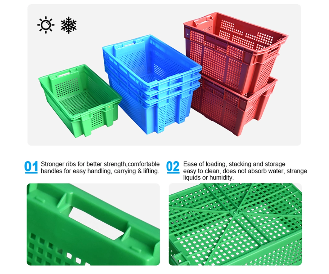 600X400X250mm Custom Transport Plastic Flat Noodles Fruit Basket Stackable Nested Fruit Container Mesh Vegetable Storage Flat Noodles