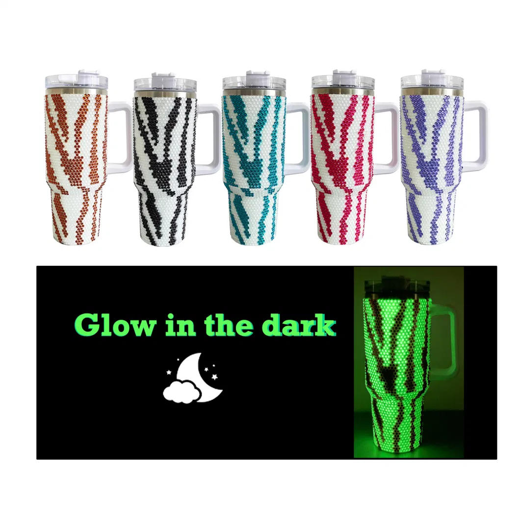 40oz Camping Cup Trendy Outdoor Animal Printed Mug Glow in Dark Stainless Steel Zebra Bling Rhinestone Tumbler with Handle