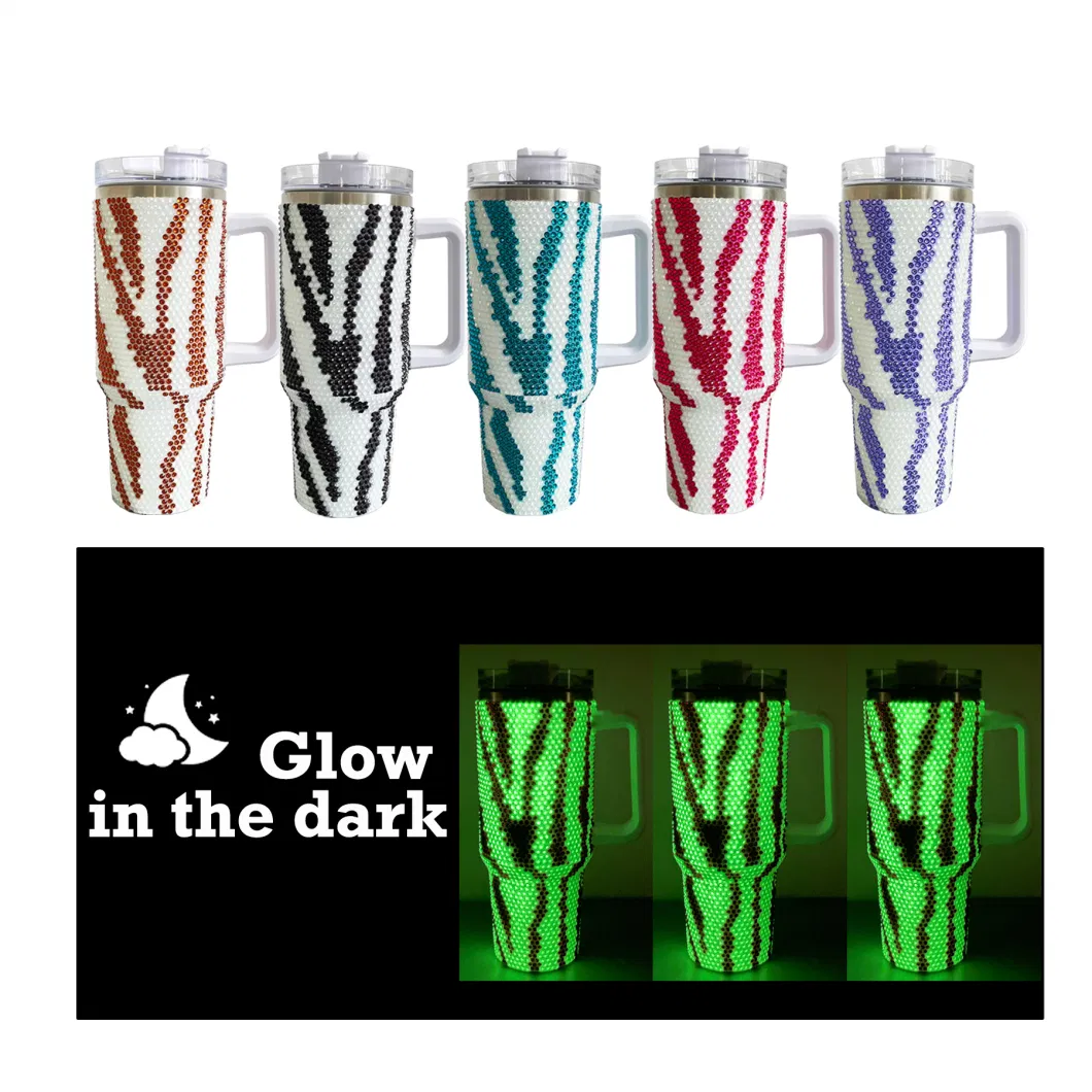 40oz Camping Cup Trendy Outdoor Animal Printed Mug Glow in Dark Stainless Steel Zebra Bling Rhinestone Tumbler with Handle