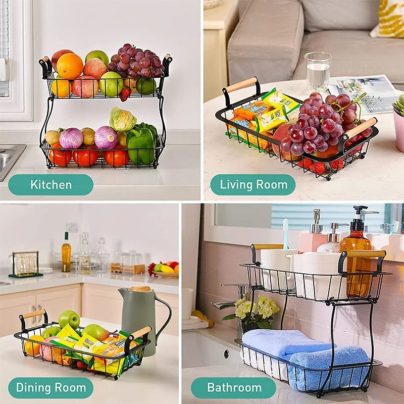 Multifunction Large Capacity 2-Tier Fruit Vegetable Basket Storage Iron Holder Bamboo Handle with 2 Banana Hangers