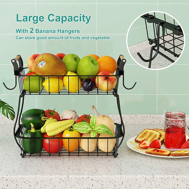 Multifunction Large Capacity 2-Tier Fruit Vegetable Basket Storage Iron Holder Bamboo Handle with 2 Banana Hangers