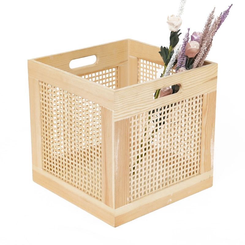 BSCI Factory Kitchen Storage Wood Frame Plant Rattan Woven Basket