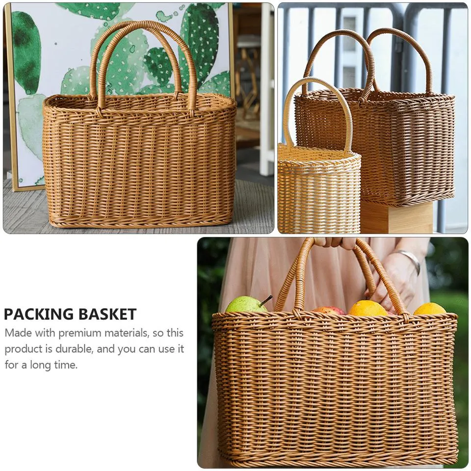 Plastic Rattan Woven Carrying Basket Flower Fruit Holder