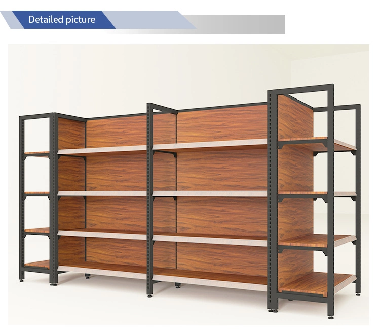 Supermarket Shelf Four-Column Wood Grain Steel Frame with Guardrail Multi-Layer Display Rack