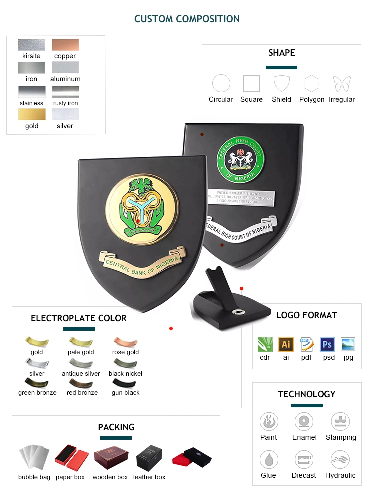 Yc Gift Factory Custom Company Metal Logo Medal Award German Police Government Department Souvenir Wooden Shield Plaque