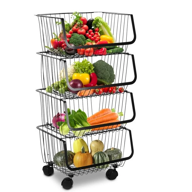 Wire Kitchen Storage Basket Stackable Potato Onion Storage Bins Fruit Vegetable Baskets with Wheels