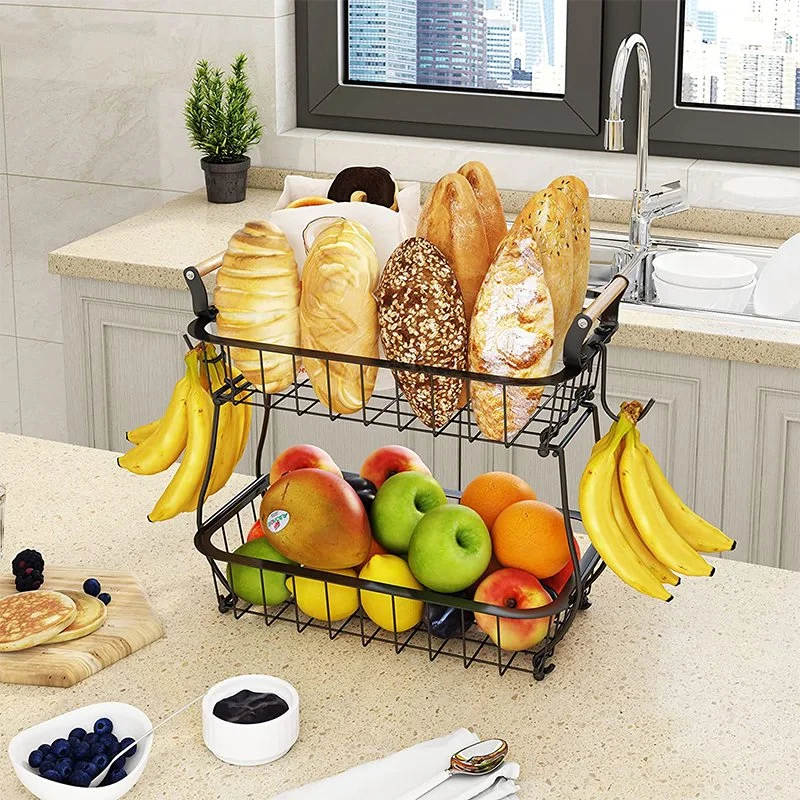 Multifunction Large Capacity 2-Tier Fruit Vegetable Basket Storage Iron Holder Bamboo Handle with 2 Banana Hangers