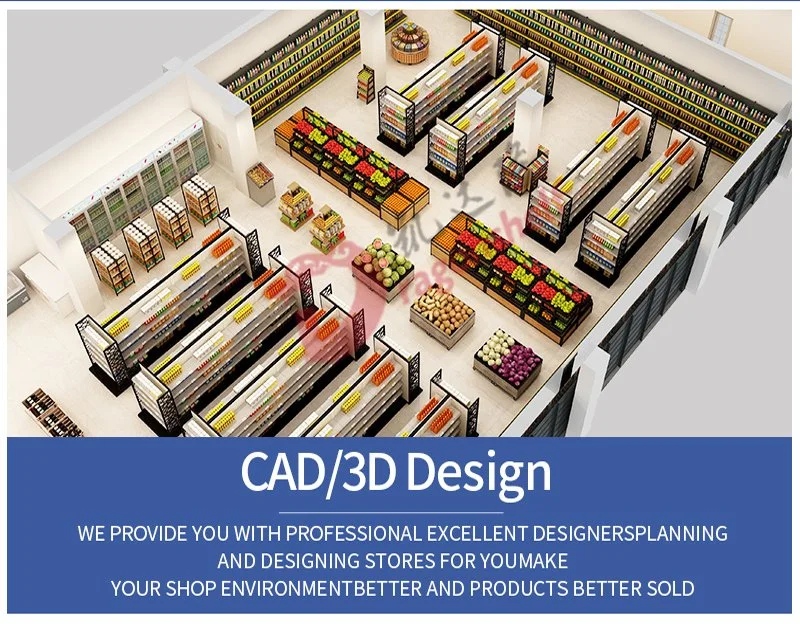 Supermarket Shelf Four-Column Wood Grain Steel Frame with Guardrail Multi-Layer Display Rack