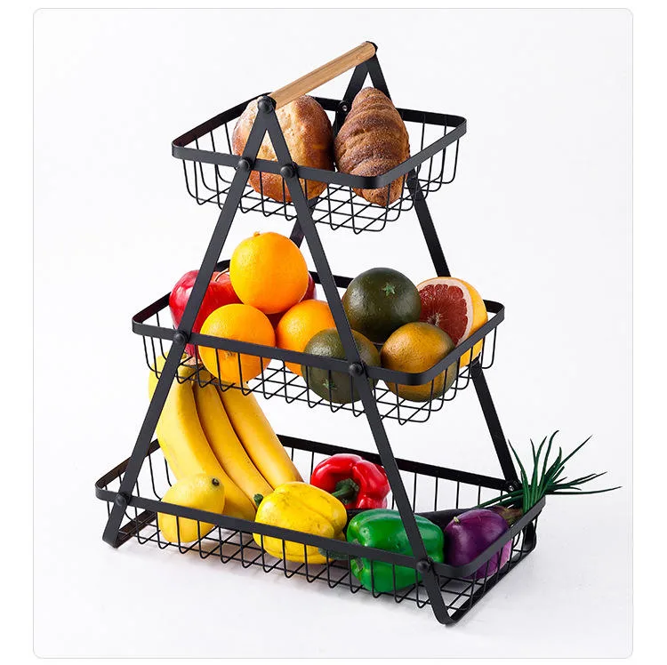 Multifunctional Metal Kitchen 2/3 Tier Fruit Bowl Basket Food Vegetables Holder with Handle