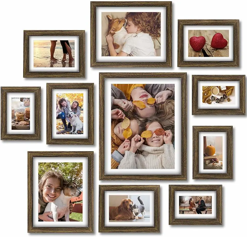 Wooden/Wood Picture/Photo Frame Set 11 PCS Rustic Wall Gallery Kit with Mat for Tabletop/Wall