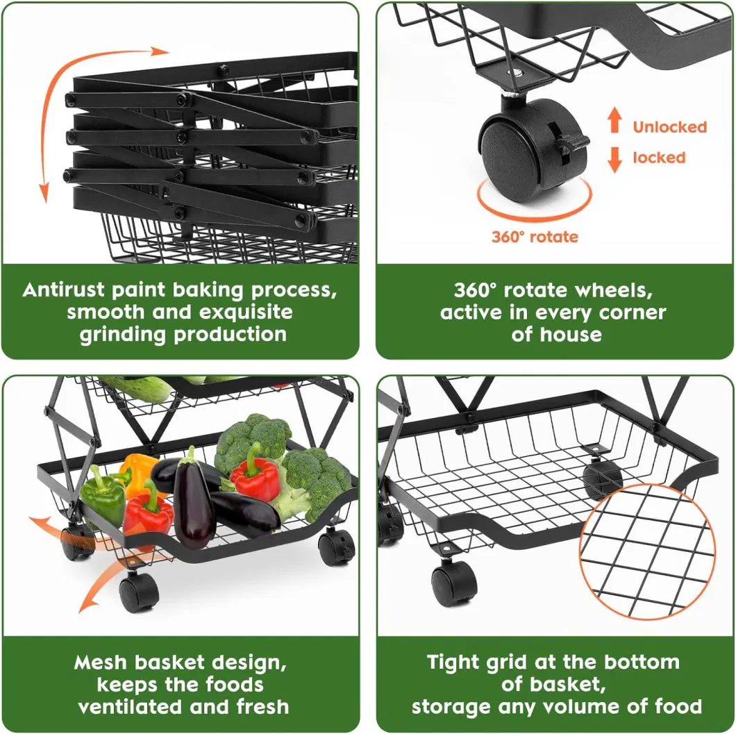 4 Tier Collapsible Metal Wire Storage Pantry Baskets with Wheels Kitchen Storage Rolling Utility Cart Fruit Basket