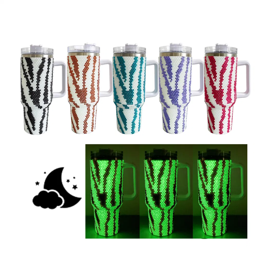 40oz Camping Cup Trendy Outdoor Animal Printed Mug Glow in Dark Stainless Steel Zebra Bling Rhinestone Tumbler with Handle