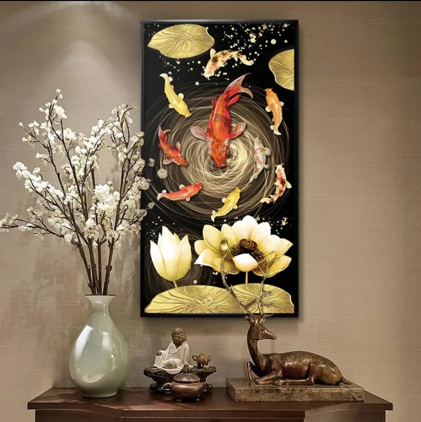 Wholesale 5D Koi Fish Decorative Wall Art Decoration Porch Crystal Porcelain Painting