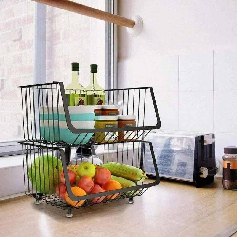 Wire Kitchen Storage Basket Stackable Potato Onion Storage Bins Fruit Vegetable Baskets with Wheels