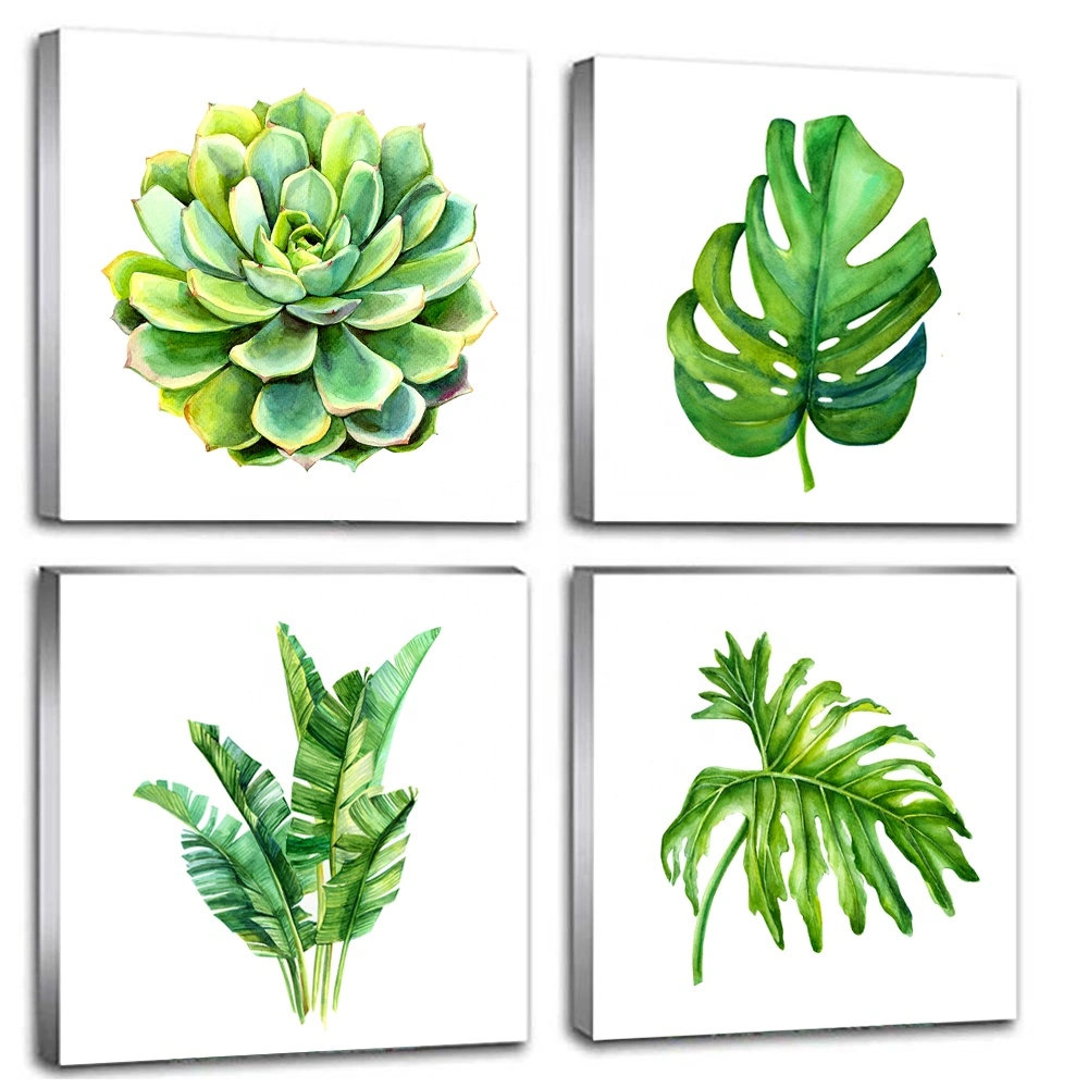 Green Plant Wall Art Painting Simple Design Home Decor Refreshing Modern Minimalist Rustic Canvas Printing Cheap 4 PCS Piece