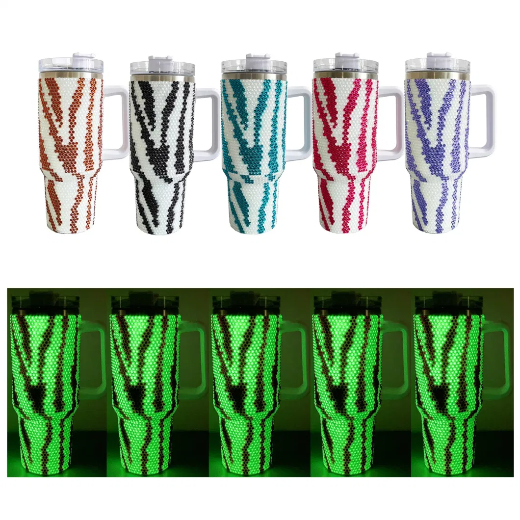 40oz Camping Cup Trendy Outdoor Animal Printed Mug Glow in Dark Stainless Steel Zebra Bling Rhinestone Tumbler with Handle