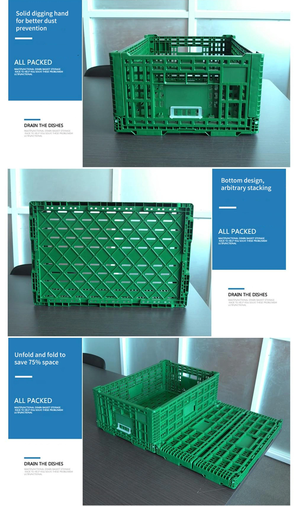 Basic Customization Supermarket Vegetable and Fruit Plastic Box Crate Foldable Folding Basket Plastic Storage