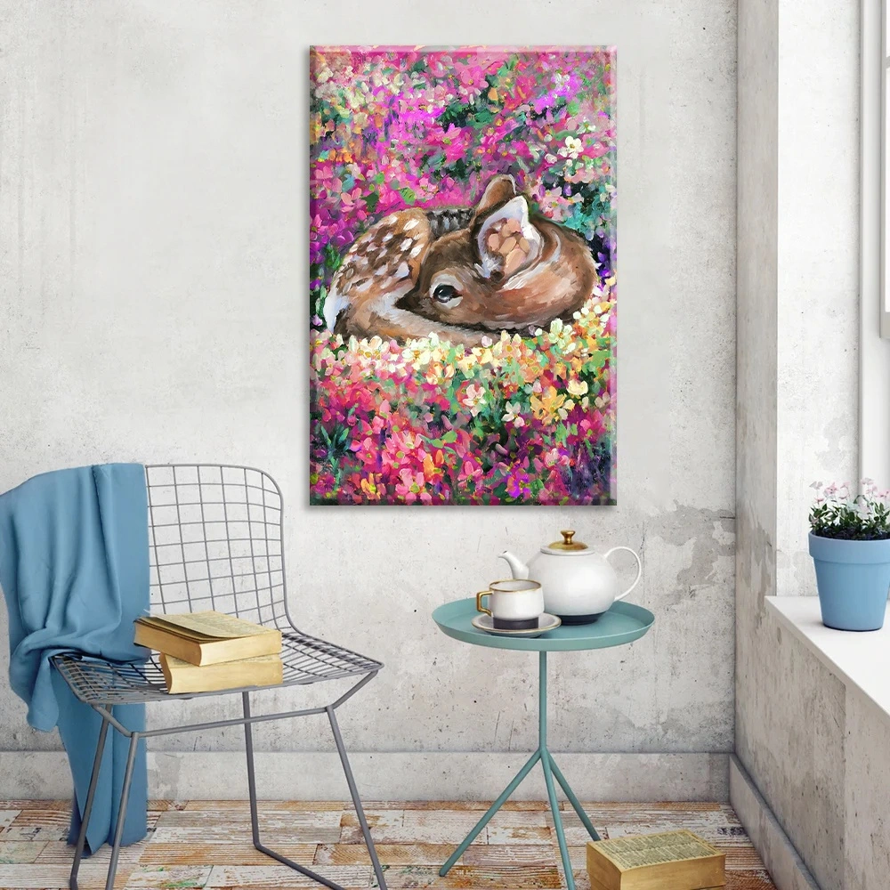 Reindeer Oil Painting Flower Floral Animal Wall Art Canvas Frame Handmade Home Decor