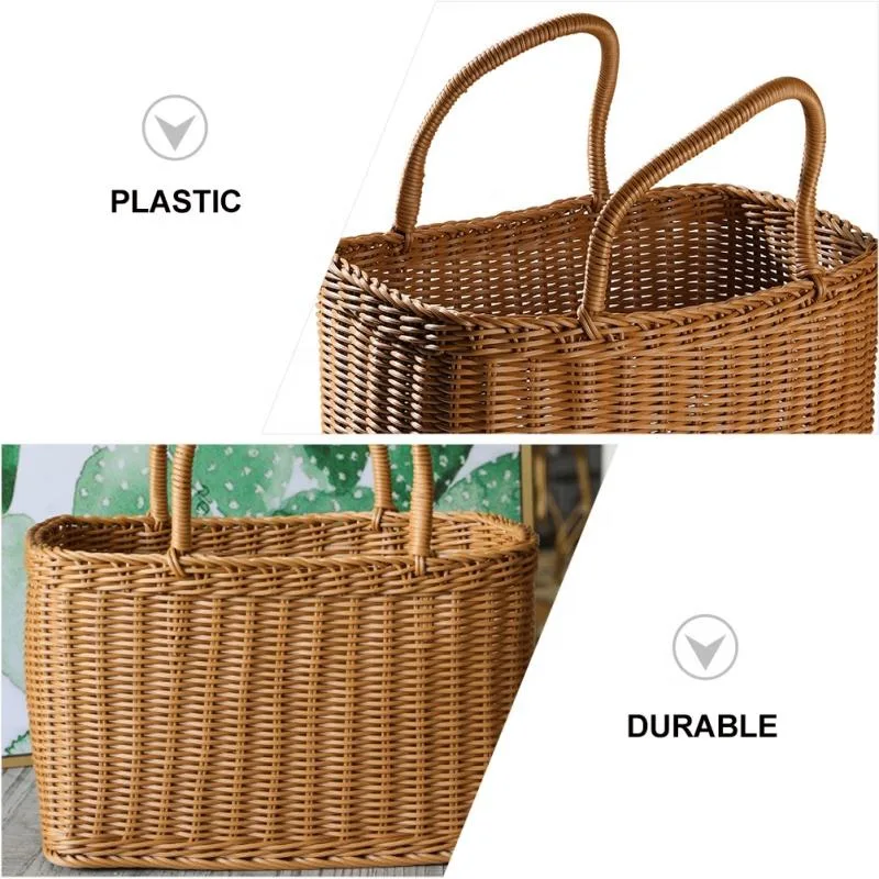 Plastic Rattan Woven Carrying Basket Flower Fruit Holder