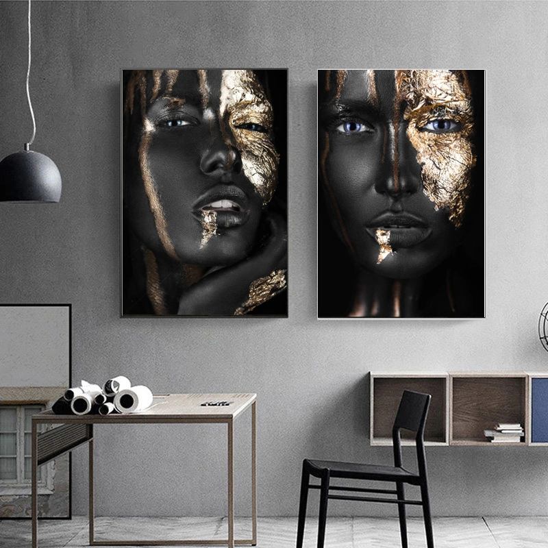 African Woman Portrait Golden Luxury Canvas Wall Art Painting Modern Home Room Decoration Printing Frame Picture Gold Foil