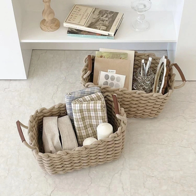 Simple Rope Woven Tabletop Books Snacks Storage Holder Basket with a Handle