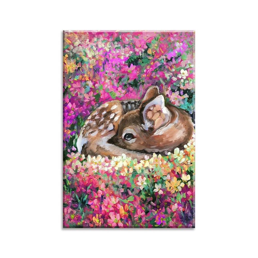 Reindeer Oil Painting Flower Floral Animal Wall Art Canvas Frame Handmade Home Decor