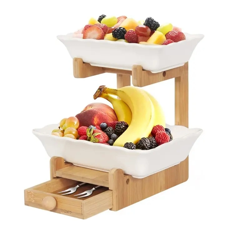 Kitchen 2 Tier Bamboo Fruit Drain Stand Snack Nuts Dessert Cake Organizer Ceramic Fruit Bowl Basket Food and Vegetables Holder