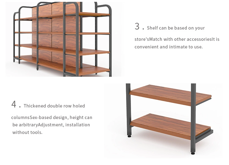 Supermarket Shelf Four-Column Wood Grain Steel Frame with Guardrail Multi-Layer Display Rack