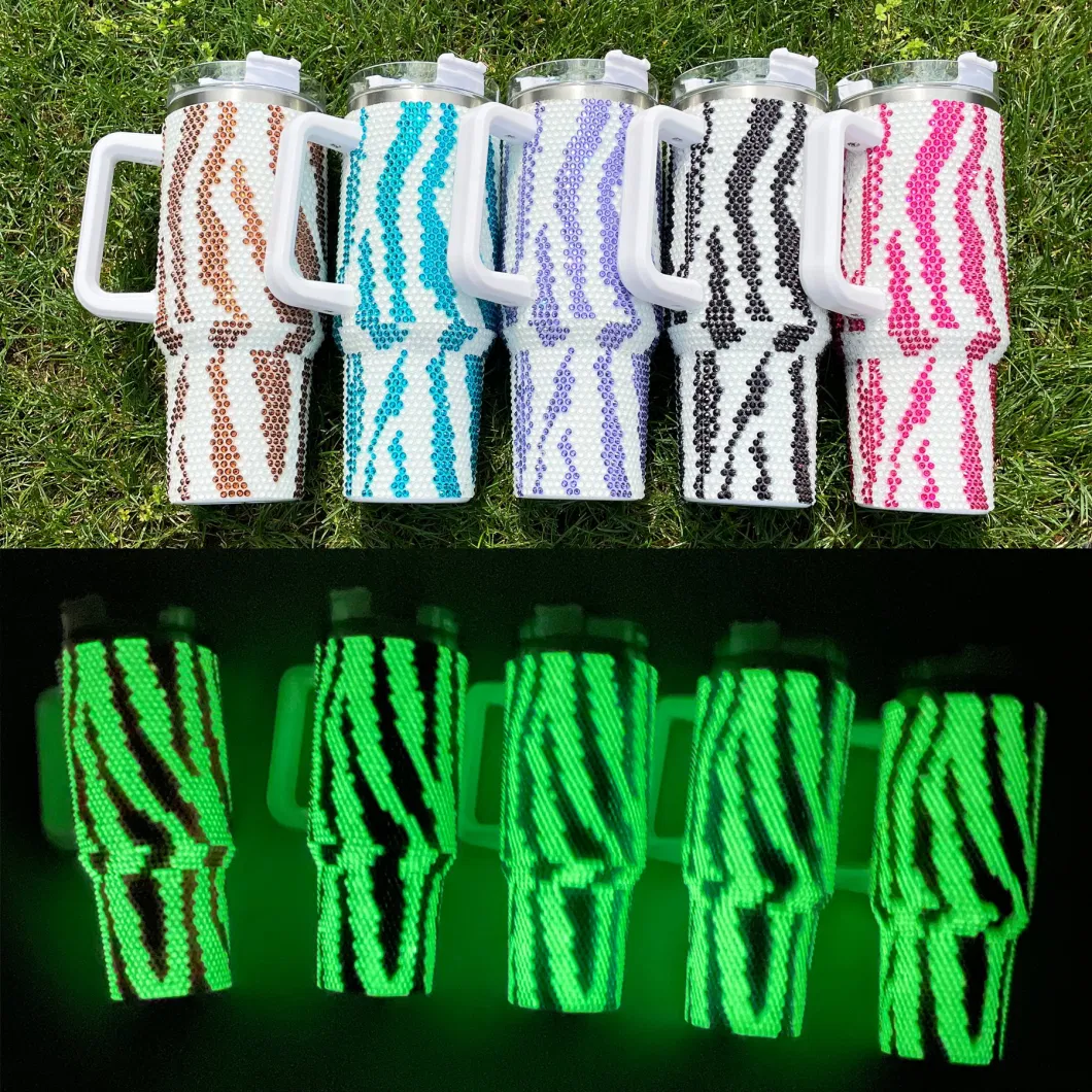 40oz Camping Cup Trendy Outdoor Animal Printed Mug Glow in Dark Stainless Steel Zebra Bling Rhinestone Tumbler with Handle