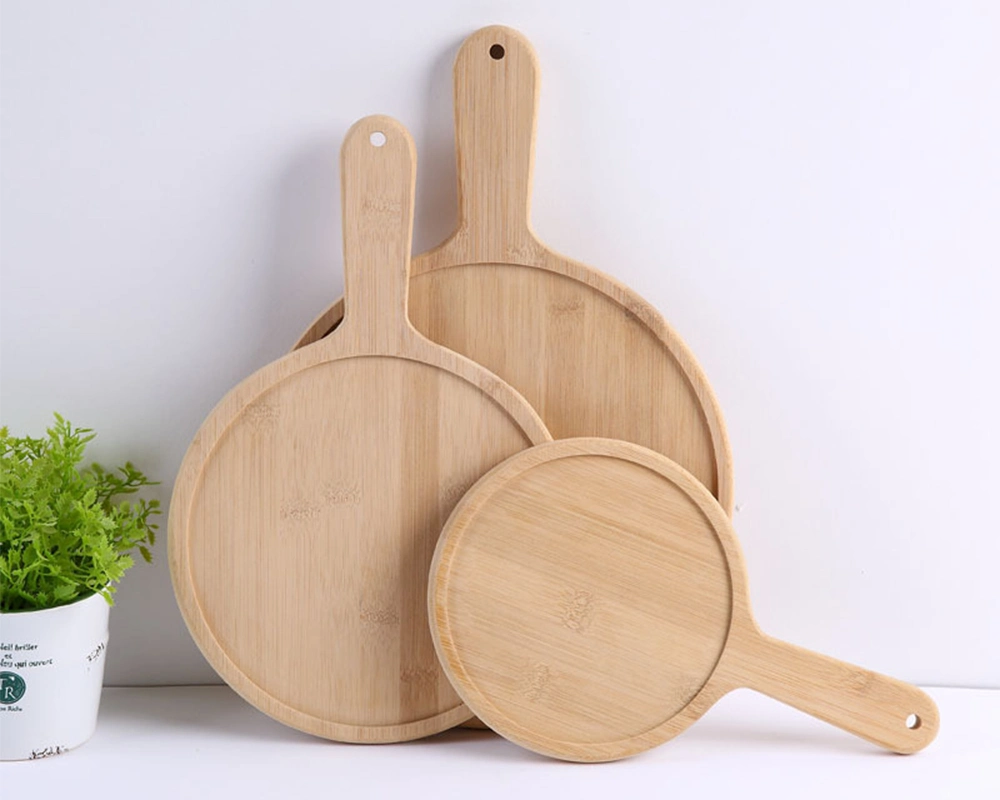 Aveco Multiply 8 Sizes Hanging Round Serving Solid Bamboo Pizza Tray with Long Handle and Edge