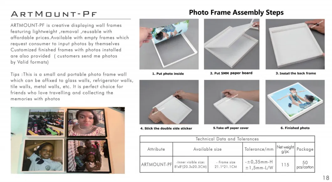 Removable PS/Polystyrene Photo Frame with Foam Board for Photo Installed