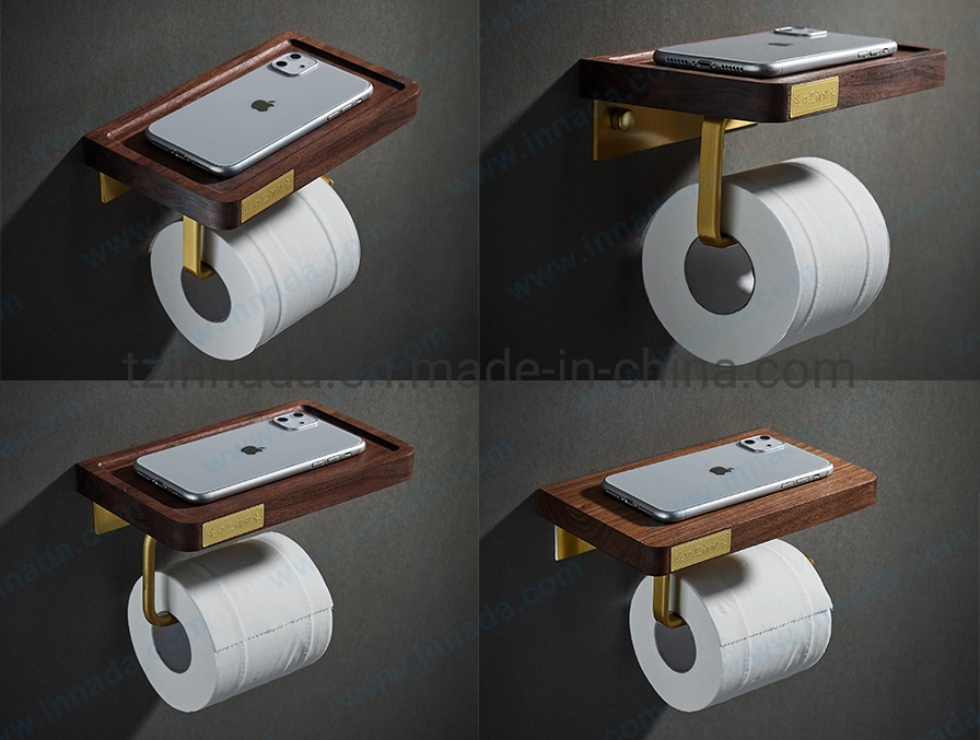 Home Toilet Wc Wooden Brush Gold Tissue Napkin Paper Roll Holder Real Wood