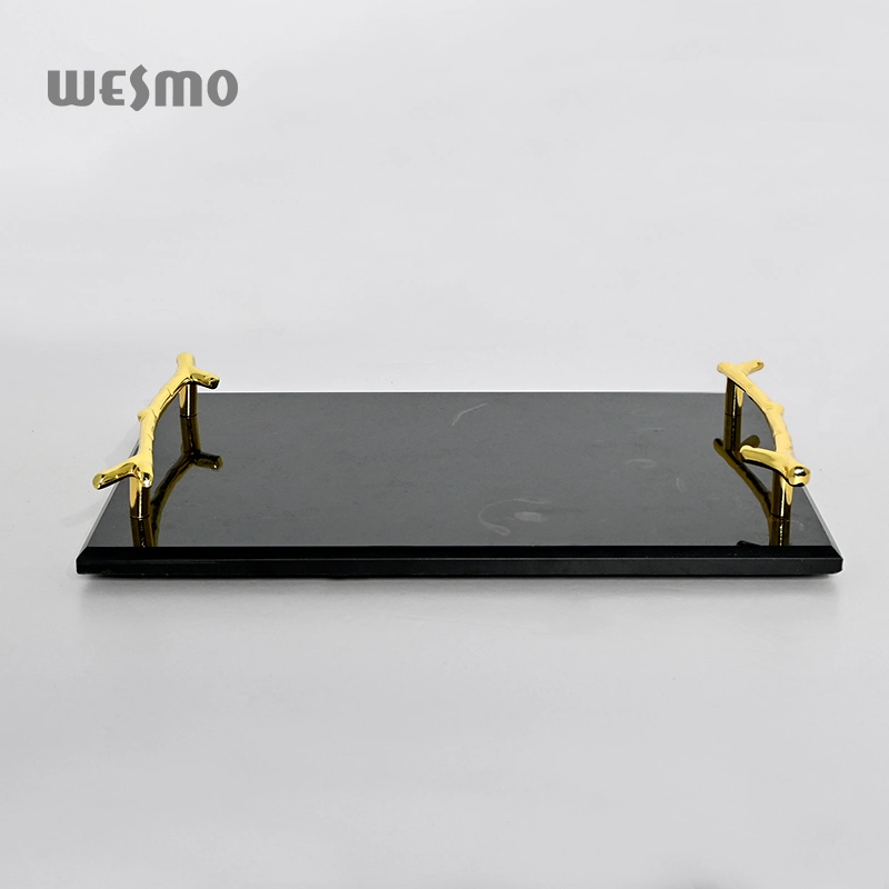 Popular Rectangle Marble Serving Tray with Branch Metal Handle for Home Decorative Table Tray