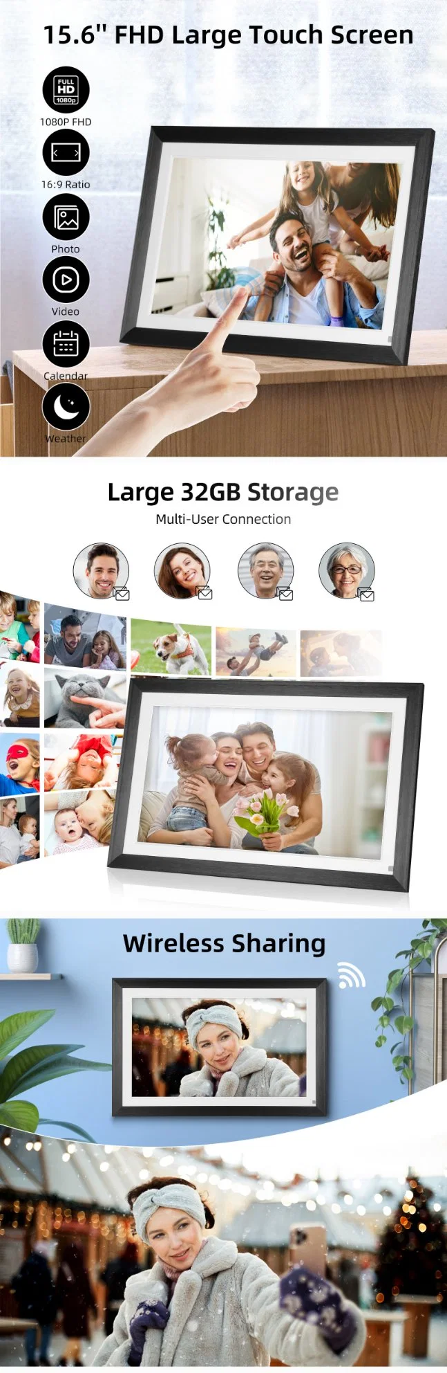 Factory Supply 15.6 Inch WiFi LCD Cloud Video Download Frameo Digital Photo Picture Frame