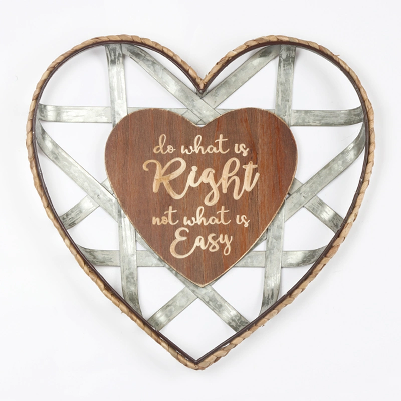 Solid Wood Wall Haning in Heart Shape Design with Laser Cutting Metal and Rope Decor, Metal with Galvanized Wall Plaque