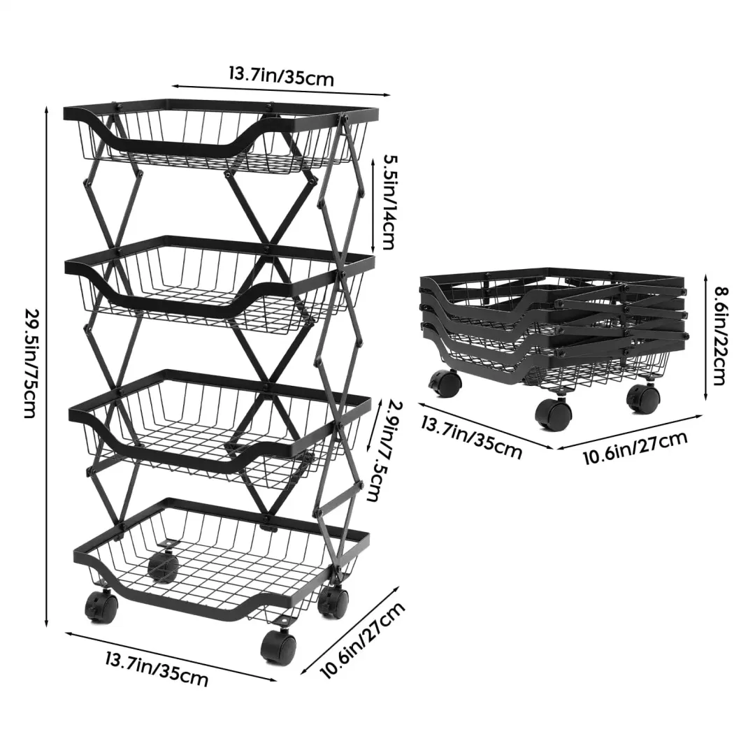 4 Tier Collapsible Metal Wire Storage Pantry Baskets with Wheels Kitchen Storage Rolling Utility Cart Fruit Basket