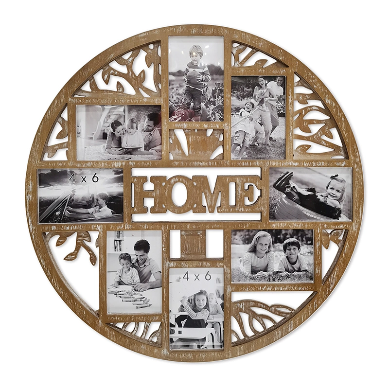 Round Shape Photo Frame with Laser Cutting Designs, MDF Picture Frame with 8 Photos, Circle Promotional Picture Frame