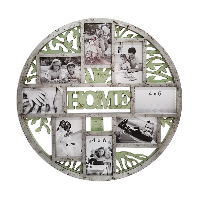 Round Shape Photo Frame with Laser Cutting Designs, MDF Picture Frame with 8 Photos, Circle Promotional Picture Frame