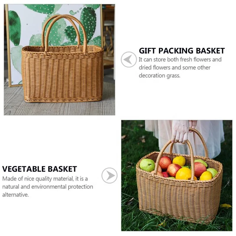 Plastic Rattan Woven Carrying Basket Flower Fruit Holder