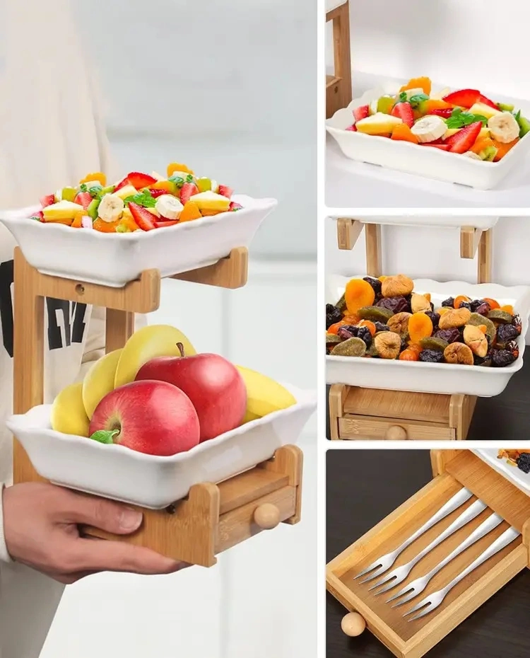 Kitchen 2 Tier Bamboo Fruit Drain Stand Snack Nuts Dessert Cake Organizer Ceramic Fruit Bowl Basket Food and Vegetables Holder