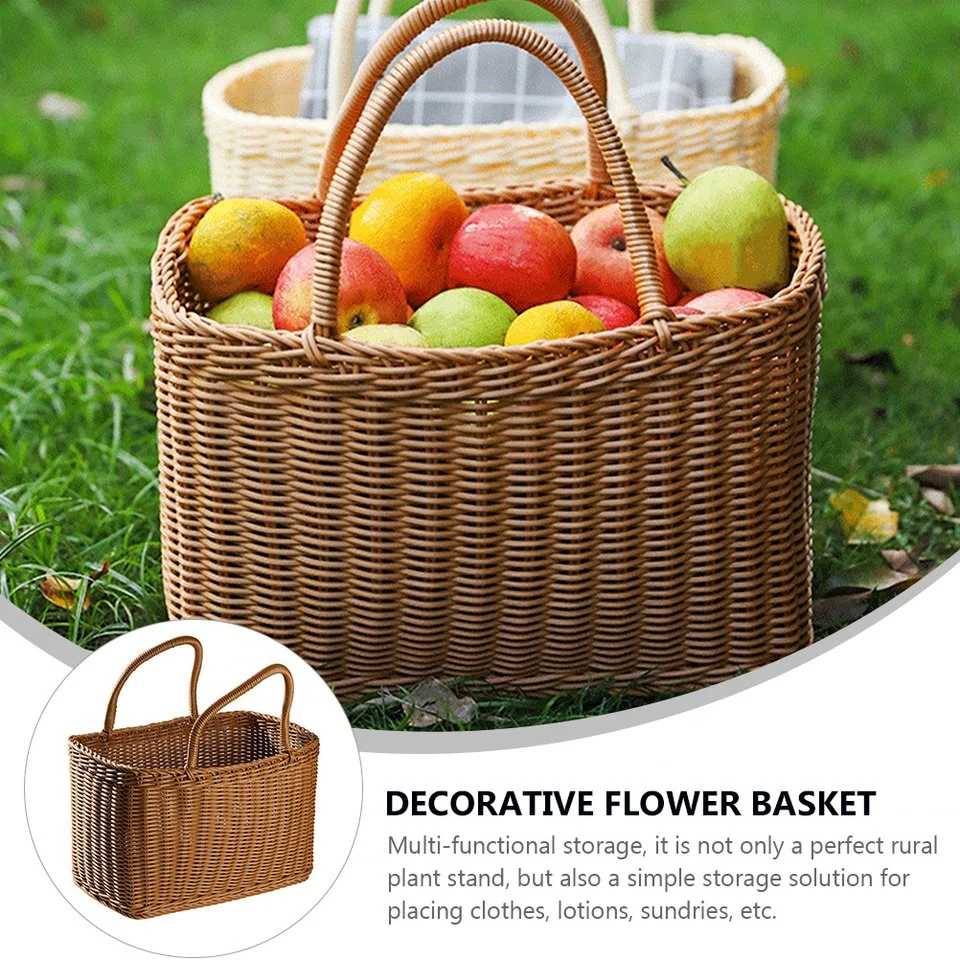 Plastic Rattan Woven Carrying Basket Flower Fruit Holder