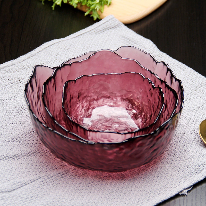 Wholesale Irregular Creative Kitchenware Blue Green Red Transparent Glass Bowl for Home Food Fruit Salad Dessert