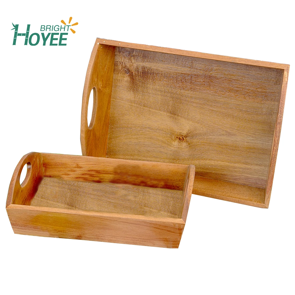 Professional Design Rectangle Acacia Food Serving Tray with Handles Set of 2