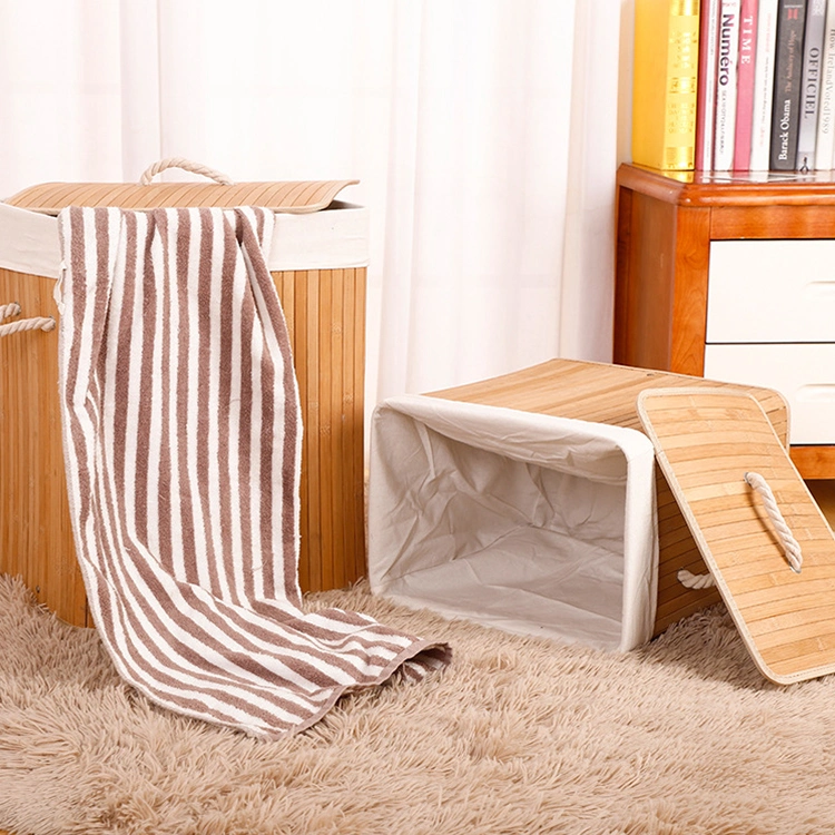 Private Label Home Hamper Foldable Frame Fabric Collapsible Storage Bamboo Clothes Laundry Basket with Lid