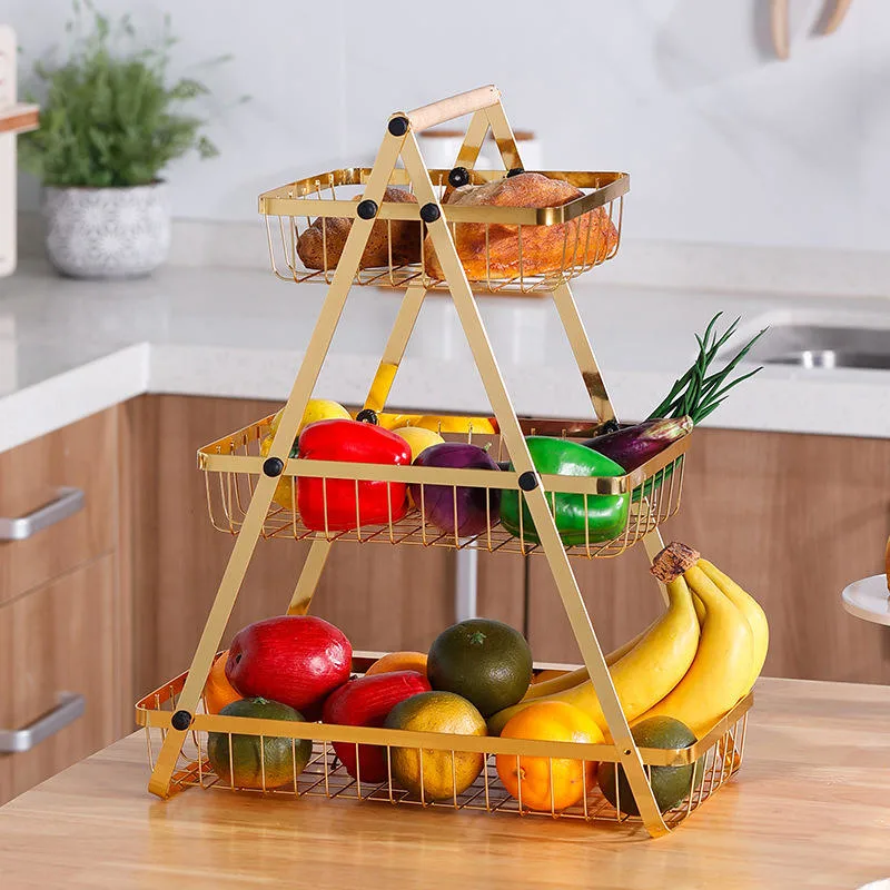 Multifunctional Metal Kitchen 2/3 Tier Fruit Bowl Basket Food Vegetables Holder with Handle