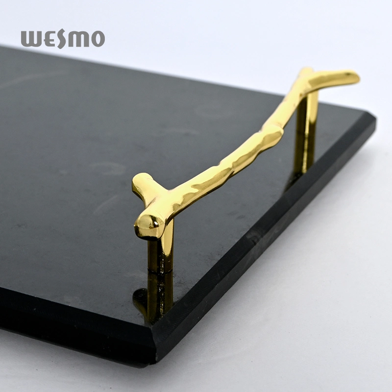 Popular Rectangle Marble Serving Tray with Branch Metal Handle for Home Decorative Table Tray