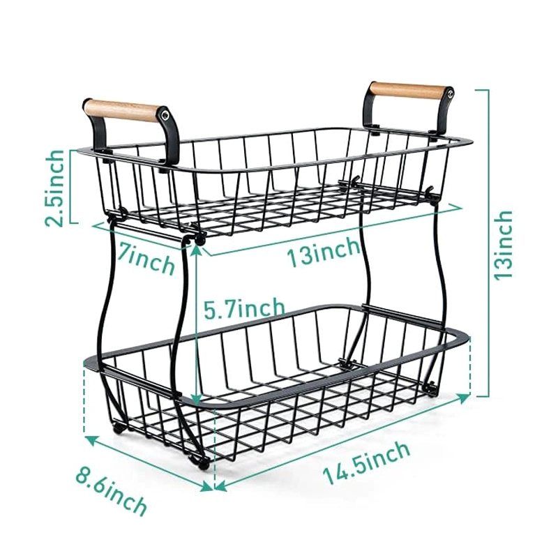 Multifunction Large Capacity 2-Tier Fruit Vegetable Basket Storage Iron Holder Bamboo Handle with 2 Banana Hangers